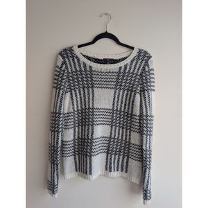 Gap Womens M Black Ivory Plaid Chunky Knit Sweater Wool Blend Crewneck